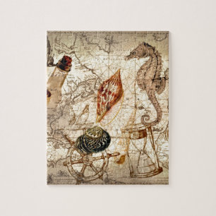 Coastal seahorse seashell Nautical Map Jigsaw Puzzle