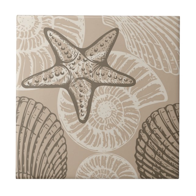 Coastal sealife starfish and shells in beige ceramic tile (Front)