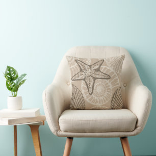 Coastal sealife starfish and shells in beige cushion