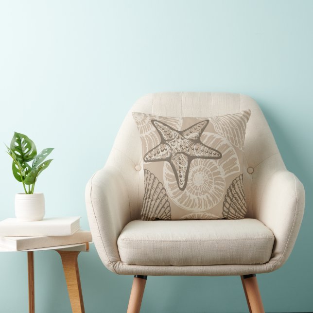 Coastal sealife starfish and shells in beige cushion (Chair)