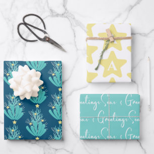Coastal Seas and Greetings Coral With Initial Wrapping Paper Sheet