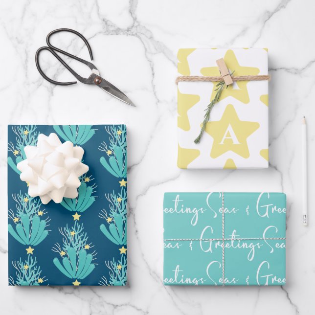 Coastal Seas and Greetings Coral With Initial Wrapping Paper Sheet (Front)
