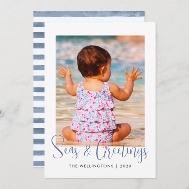 Coastal Seas and Greetings Photo Aqua Blue Striped Holiday Card (Front/Back)