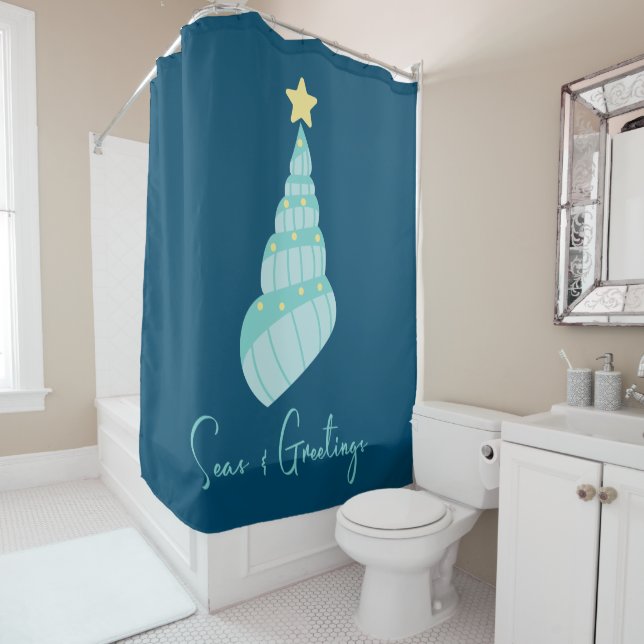 Coastal Seas and Greetings Shell Tree Shower Curtain (In Situ)