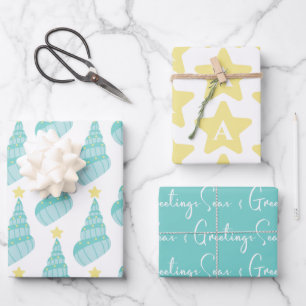Coastal Seas and Greetings Shell With Initial Wrapping Paper Sheet