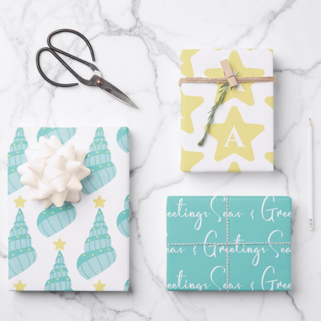 Coastal Seas and Greetings Shell With Initial Wrapping Paper Sheet (Front)