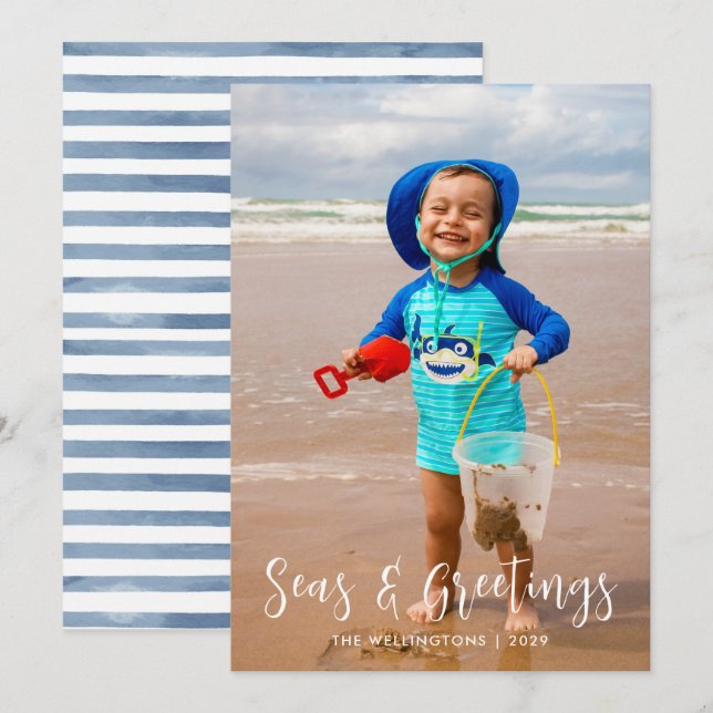 Coastal Seas and Greetings|White  Photo Flat Holiday Card (Front/Back)