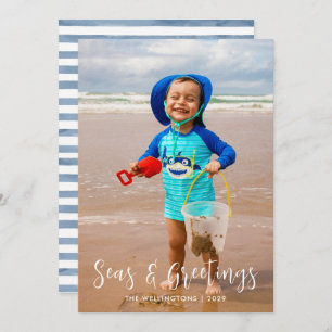 Coastal Seas and Greetings White Photo Flat Holiday Card