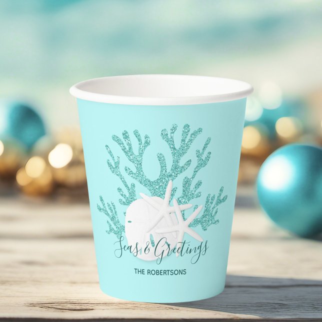 Coastal Seas & Greetings Christmas Beach Aqua Blue Paper Cups (Creator Uploaded)