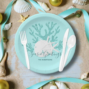 Coastal Seas & Greetings Christmas Beach Aqua Blue Paper Plate