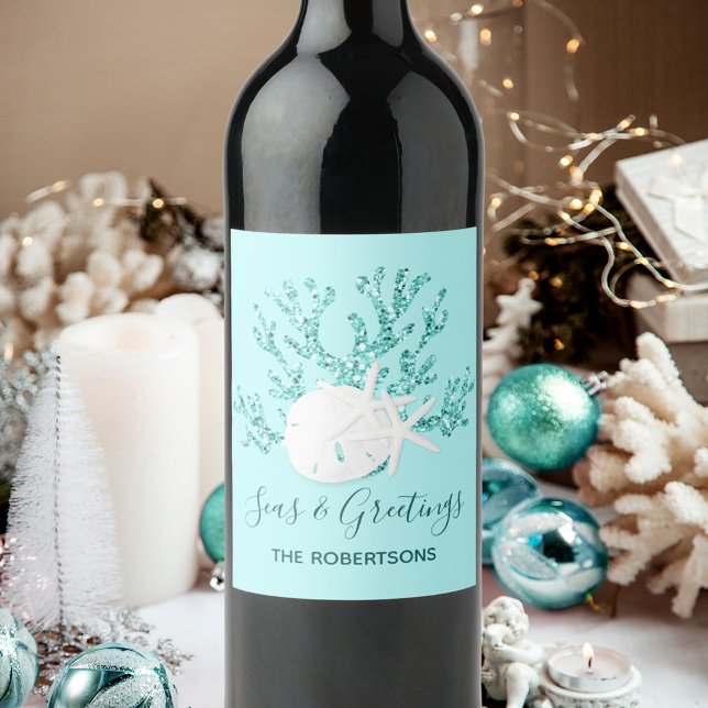 Coastal Seas & Greetings Christmas Beach  Wine Label (Creator Uploaded)