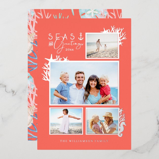 Coastal Seas & Greetings Coral Ocean Photo Frame Foil Holiday Card (Front/Back)