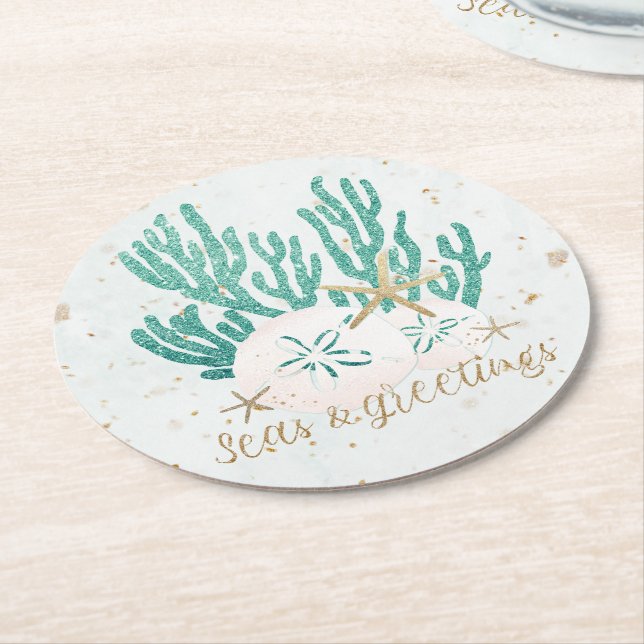 Coastal SEAS & Greetings Glitter Coral Starfish Round Paper Coaster (Angled)