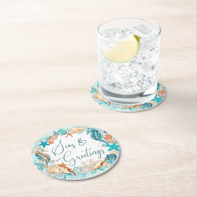 Coastal SEAS & GREETINGS Seahorse Shells Round Paper Coaster (Insitu)