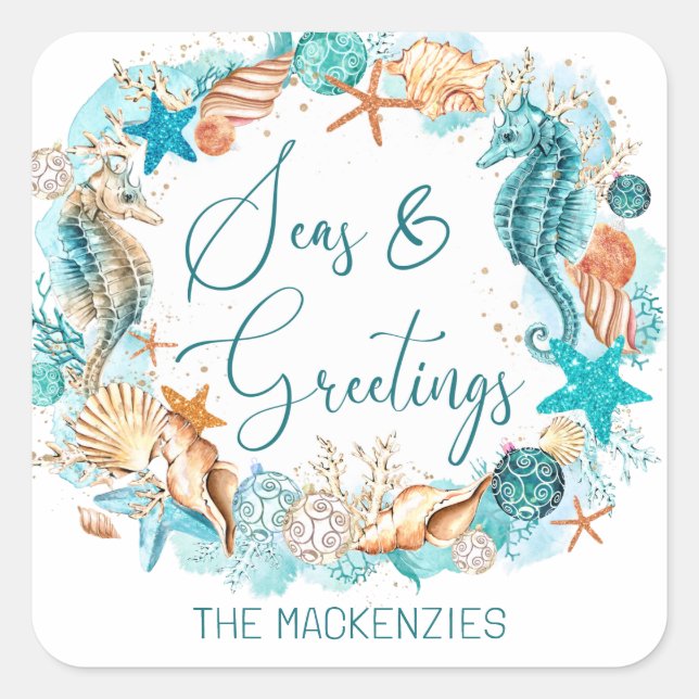 Coastal SEAS & GREETINGS Seahorse Shells Square Sticker (Front)
