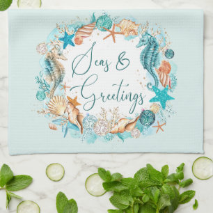 Coastal SEAS & GREETINGS Seahorse Shells Tea Towel