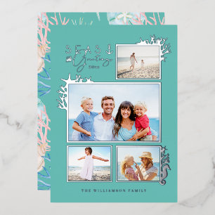 Coastal Seas & Greetings Teal Ocean Photo Frame Foil Holiday Card