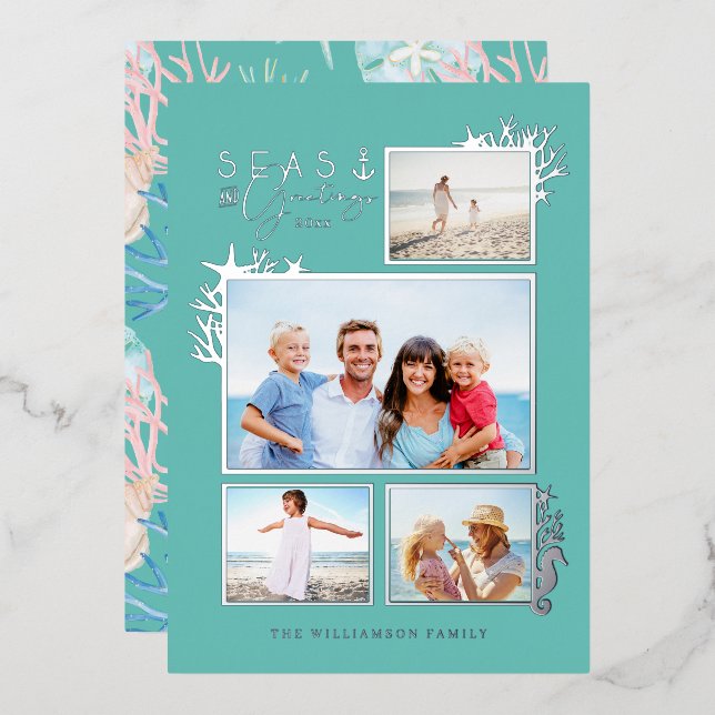 Coastal Seas & Greetings Teal Ocean Photo Frame Foil Holiday Card (Front/Back)