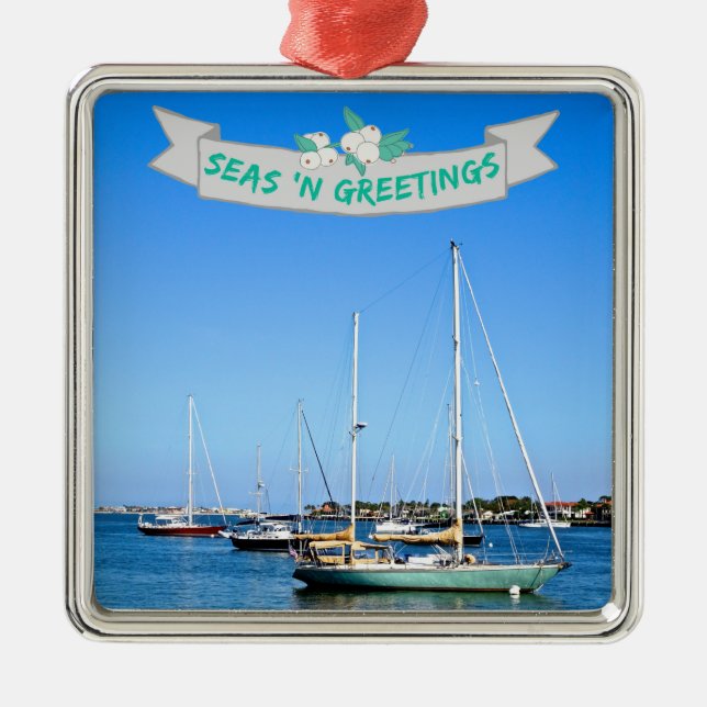 Coastal Seas n Greetings Sailboats on the Bay Metal Ornament (Front)