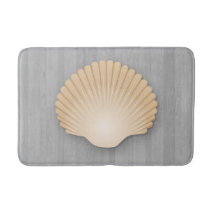 Coastal Seashell and Grey Wood Planks Bath Mat