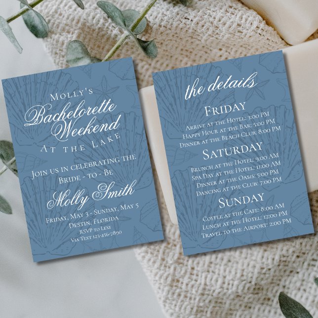 Coastal Seashell Beach Bachelorette Itinerary  Invitation (Lake Bach Weekend invite with modern font – perfect for engagement or bridal celebrations!)