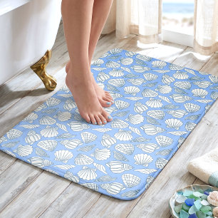 Coastal Seashell Beach Cottage Blue Bath Mat