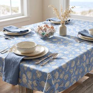 Coastal Seashell Beach Cottage Blue Tablecloth