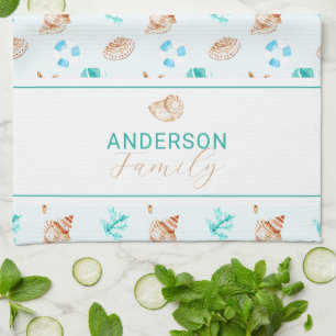 Coastal Seashell Beach House Decor Family Name Tea Towel