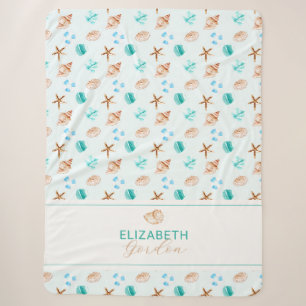 Coastal Seashell Beach House Decor Monogram Sherpa Blanket