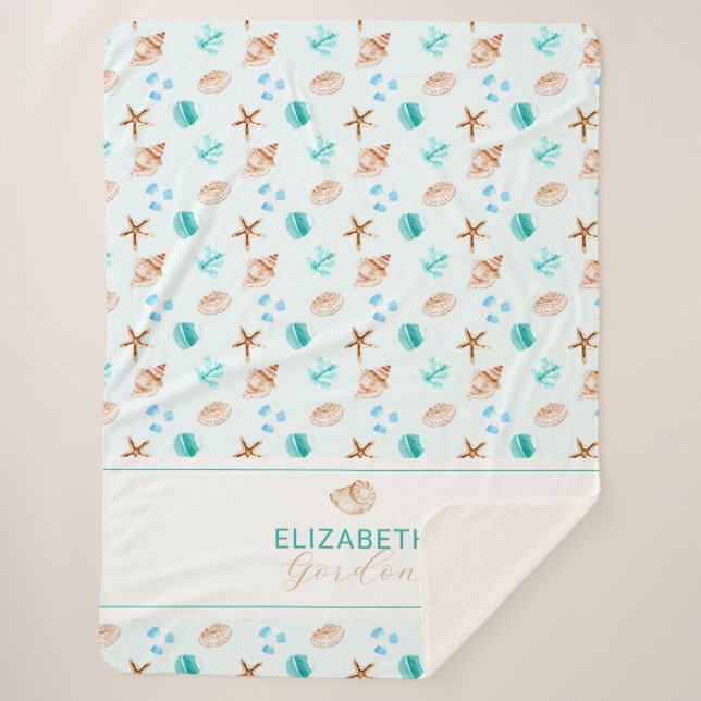 Coastal Seashell Beach House Decor Monogram Sherpa Blanket (Front)