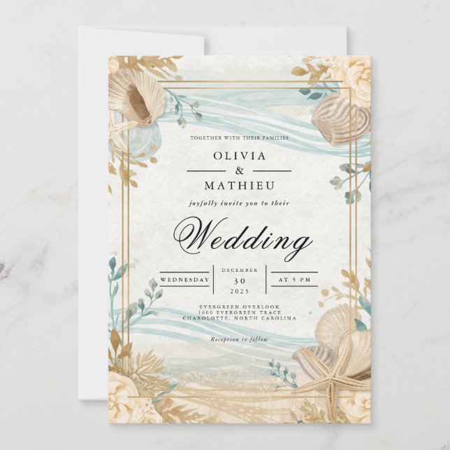 Coastal Seashell Beach Wedding Invitation (Front)