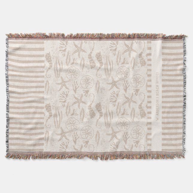 Coastal Seashell Beige Hand-Drawn Nautical  Throw Blanket (Front)