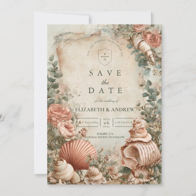 Coastal Seashell Botanical Elegance Save The Date (Front)