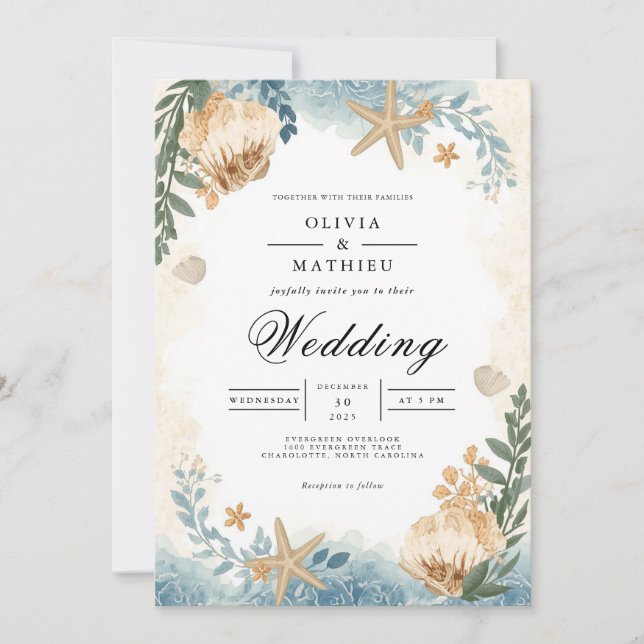 Coastal Seashell Botanical Wedding Invitation (Front)