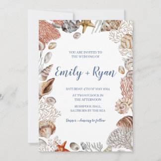 Coastal Seashell Coral Beach Wedding Invitation