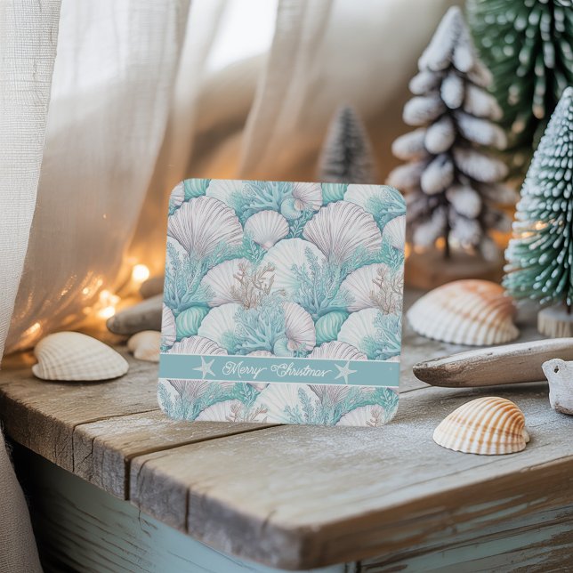 Coastal Seashell & Coral Pattern#3 ID1009 Square Paper Coaster (Creator Uploaded)