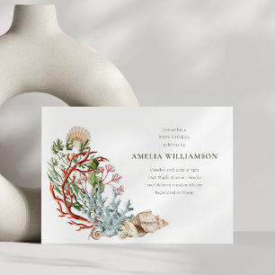 Coastal Seashell Coral Watercolor Baby Shower Invitation