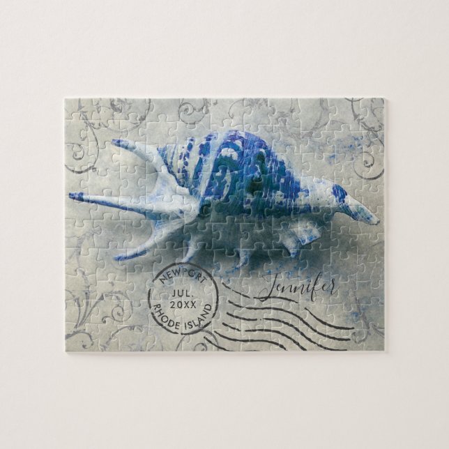Coastal Seashell Monogram Name Indigo Blue Jigsaw Puzzle (Horizontal)