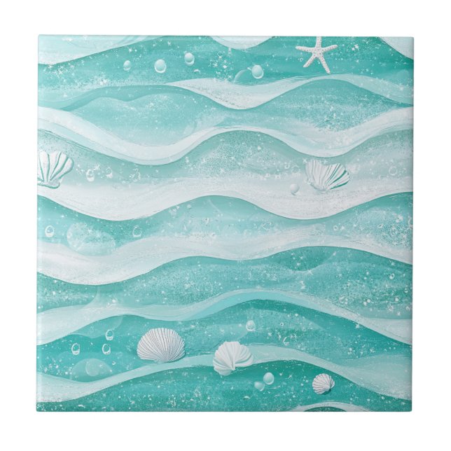 Coastal Seashell Ocean Wave Pattern Ceramic Tile (Front)