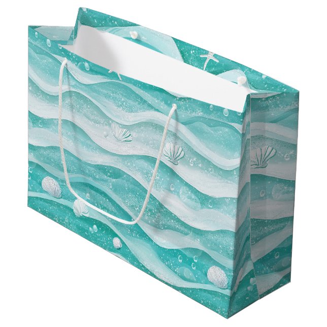 Coastal Seashell Ocean Wave Pattern Large Gift Bag (Front Angled)