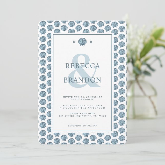 Coastal Seashell Pattern Monogram QR Code Wedding Invitation (Standing Front)