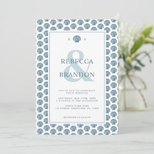 Coastal Seashell Pattern Monogram QR Code Wedding Invitation
