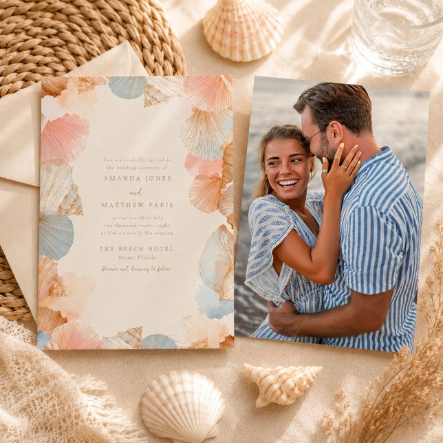 Coastal Seashell Photo Wedding Invitation (Coastal Seashell Photo Wedding Invitation)