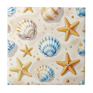 Coastal Seashell Starfish Beach Pattern Ceramic Tile
