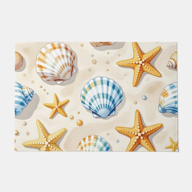 Coastal Seashell Starfish Beach Pattern Doormat (Front)