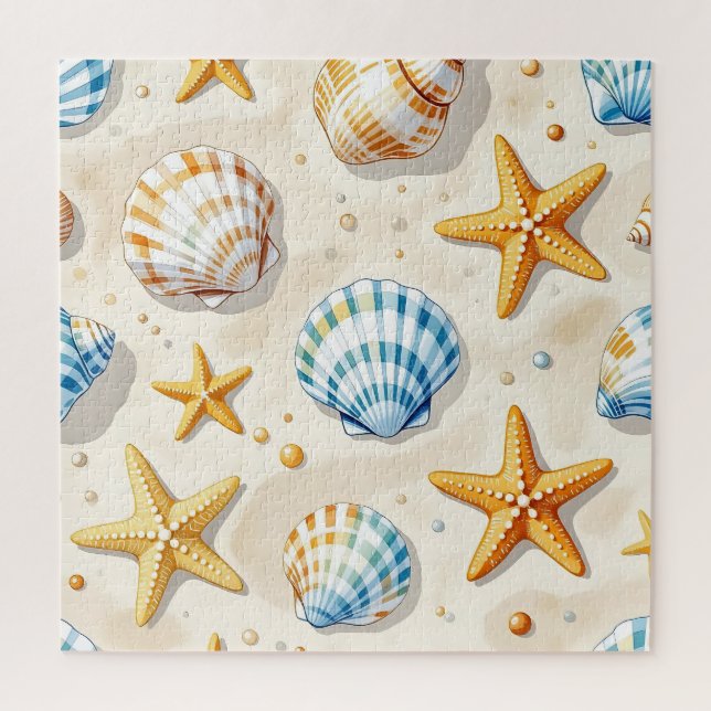 Coastal Seashell Starfish Beach Pattern Jigsaw Puzzle (Vertical)