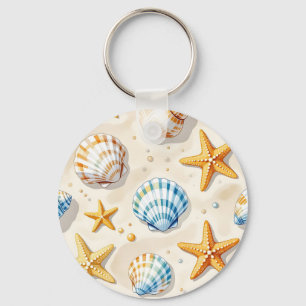 Coastal Seashell Starfish Beach Pattern Key Ring