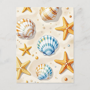 Coastal Seashell Starfish Beach Pattern Postcard