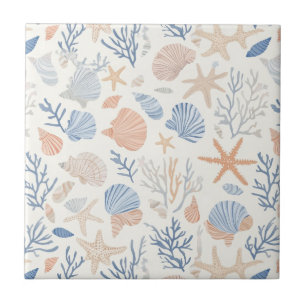 Coastal Seashell Starfish Blue Peach Cream Ceramic Tile