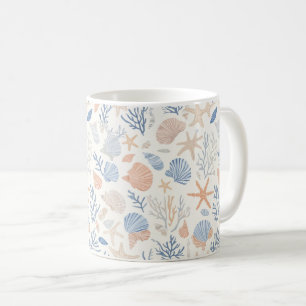 Coastal Seashell Starfish Blue Peach Cream Coffee Mug